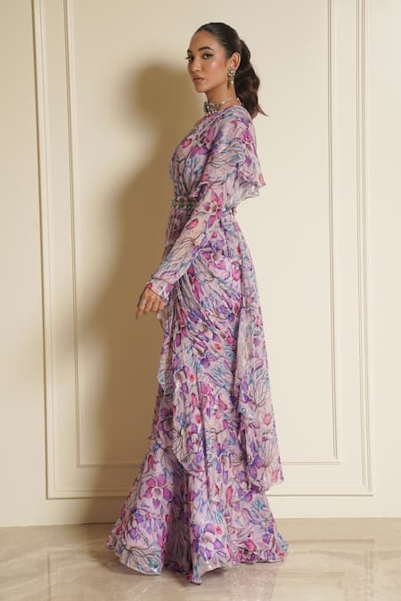 Vesture Lily Love Floral Print Pre-Draped Saree Set 