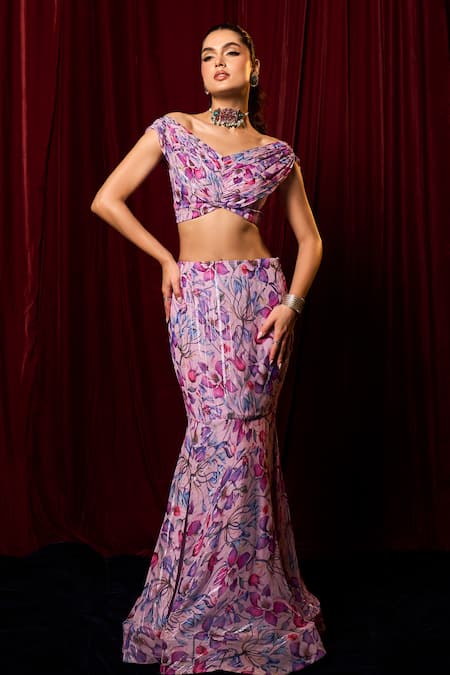 Vesture Purple Chiffon Print Floral Off Shoulder Lavender Hugs Lehenga With Blouse 