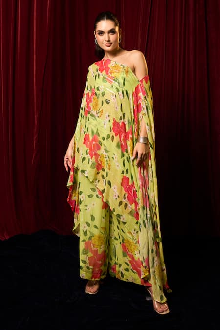 Vesture Green Chiffon Print Leaf One Shoulder Asymmetric Cape With Palazzo 