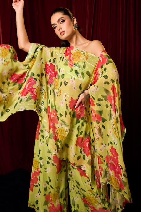 Shop_Vesture_Green Chiffon Leaf Print Asymmetric Cape With Palazzo _at_Aza_Fashions