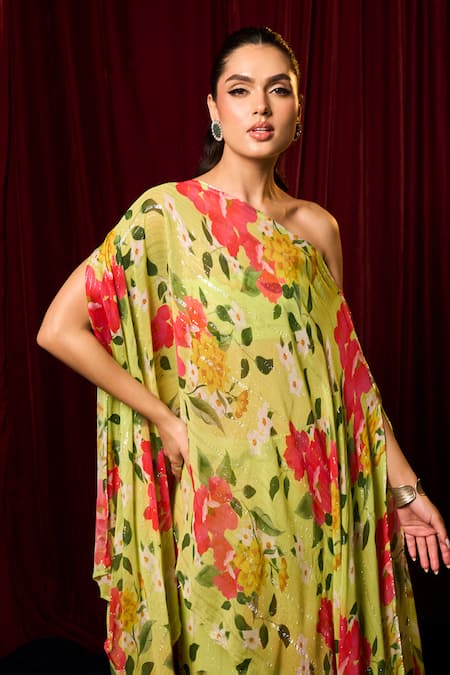 Vesture_Green Chiffon Leaf Print Asymmetric Cape With Palazzo _Online_at_Aza_Fashions
