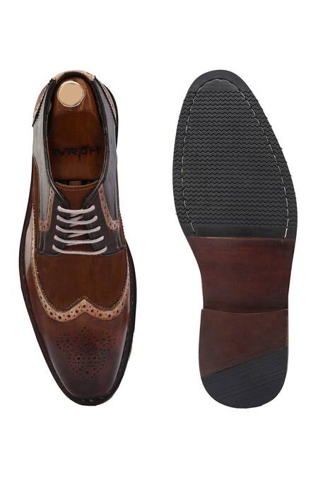 Shop_Ivrah_Brown Brooches Patrick Brogue Pattern Derby Shoes_at_Aza_Fashions
