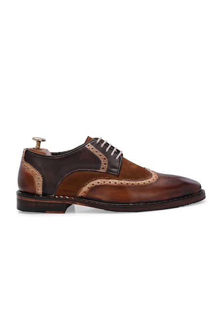 Shop_Ivrah_Brown Brooches Patrick Brogue Pattern Derby Shoes_Online_at_Aza_Fashions
