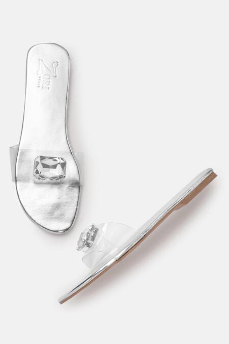 Shop_Zori World_Silver Noor Crystal Embellished Flats_at_Aza_Fashions