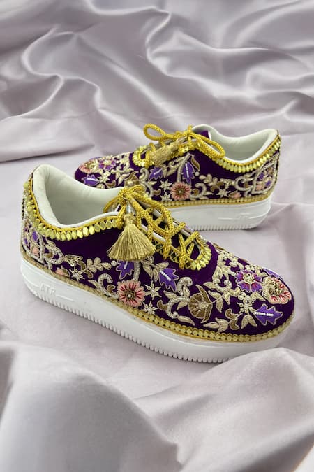 Shiveen Shiveen Floral Embroidered Purple Heeled Sneakers 