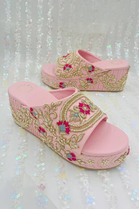 Shiveen Shiveen_Pink Embroidery Kuhu Floral Wedges _Online_at_Aza_Fashions