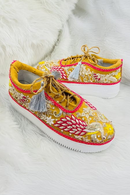 Shop_Shiveen Shiveen_Yellow Embroidered Sneakers _Online_at_Aza_Fashions