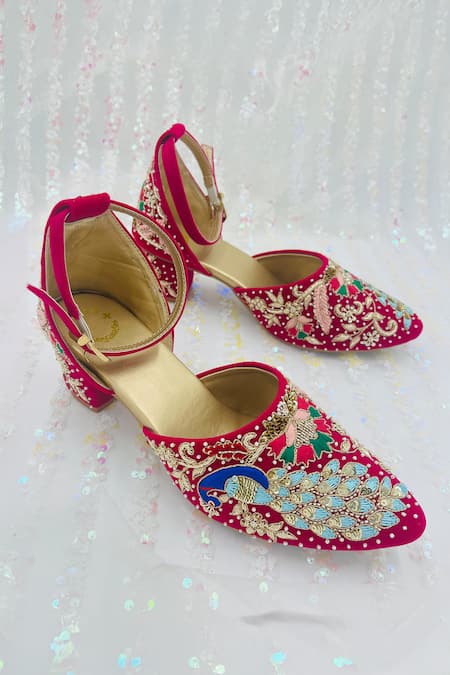 Shiveen Shiveen Citta Peacock Zari Embroidered Mule Heels 