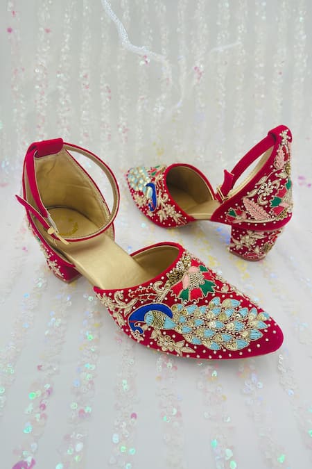 Shiveen Shiveen_Pink Embroidered Citta Peacock Zari Mule Heels _Online_at_Aza_Fashions