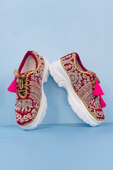 Shiveen Shiveen Gajraj Velvet Zari Embroidered Sneakers 