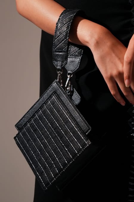 Adisee_Black Ajrakh Textured Zari Work Wrist Bag _Online_at_Aza_Fashions