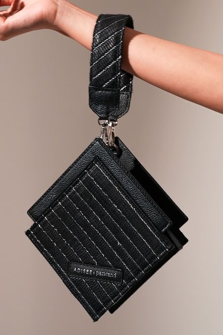Buy_Adisee_Black Ajrakh Textured Zari Work Wrist Bag _Online_at_Aza_Fashions