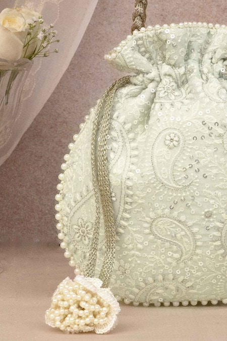 Shop Amyra Green Embroidery, Beads Rhea Paisley Potli Bag at Aza Fashions Shop_Amyra_Green Embroidery, Beads Rhea Paisley Potli Bag _at_Aza_Fashions