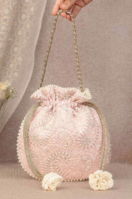 Shop_Amyra_Pink Embroidery, Pearls Rhea Potli Bag _at_Aza_Fashions