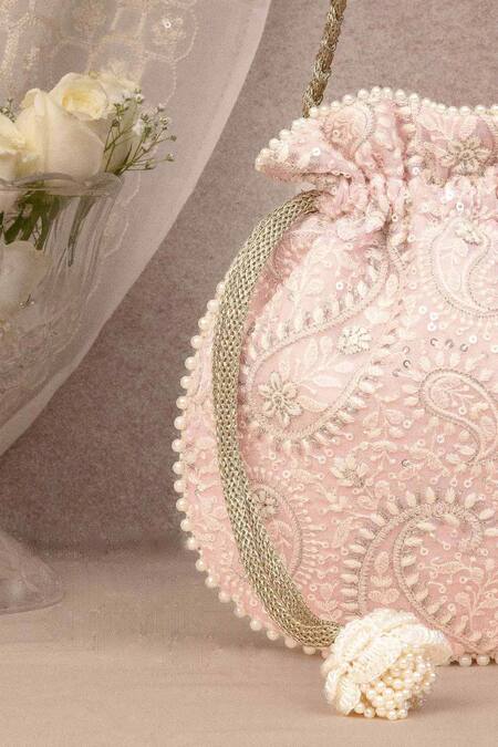 Shop_Amyra_Pink Embroidery, Pearls Rhea Potli Bag _Online_at_Aza_Fashions