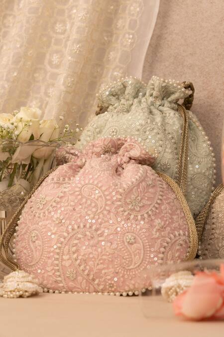 Amyra_Pink Embroidery, Pearls Rhea Potli Bag _at_Aza_Fashions