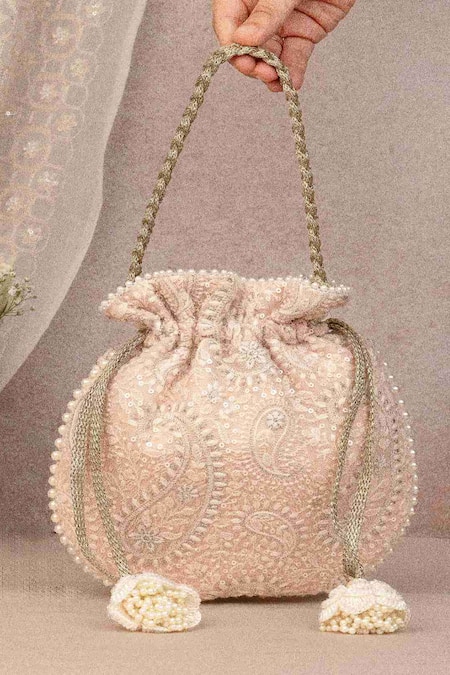 Shop Amyra Peach Embroidery, Sequins Rhea Potli Bag at Aza Fashions Shop_Amyra_Peach Embroidery, Sequins Rhea Potli Bag _at_Aza_Fashions