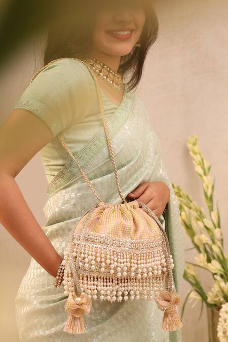Shop Amyra Multi Color Lace, Pearls, Embroidery Organza Thread And Work Potli Bag Online at Aza Fashions Shop_Amyra_Multi Color Lace, Pearls, Embroidery Organza Thread And Work Potli Bag _Online_at_Aza_Fashions