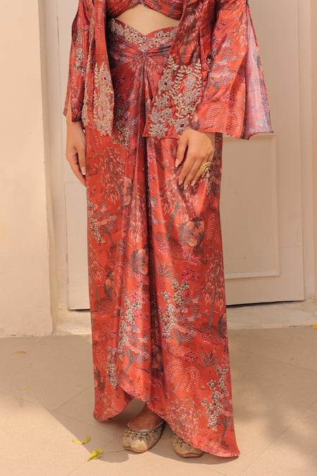 Label Astha Chhabra Orange Crepe Embroidery, Sequins Floral Printed Dhoti Skirt Set With Jacket Online at Aza Fashions Label Astha Chhabra_Orange Crepe Embroidery, Sequins Floral Printed Dhoti Skirt Set With Jacket _Online_at_Aza_Fashions