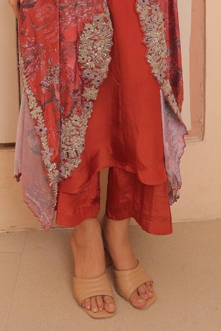 Buy Label Astha Chhabra Orange Crepe Sequins, Beads V-neck Floral Printed Cape With Tunic Set Online at Aza Fashions Buy_Label Astha Chhabra_Orange Crepe Sequins, Beads V-neck Floral Printed Cape With Tunic Set _Online_at_Aza_Fashions