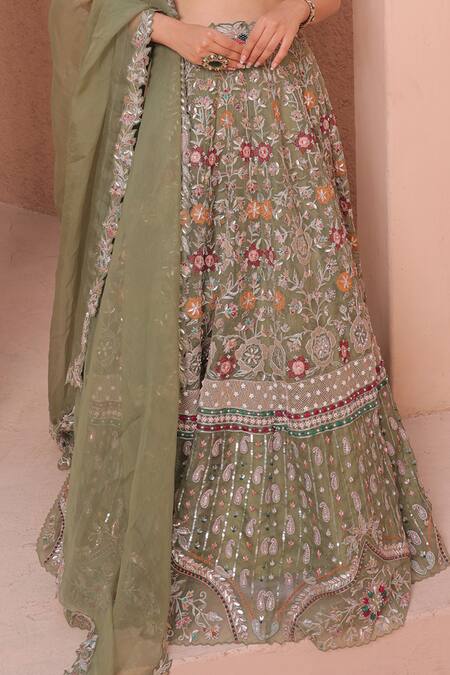 Label Astha Chhabra Green Organza Embroidery, Cut Work Plunge Floral Hand Embellished Lehenga Set Online at Aza Fashions Label Astha Chhabra_Green Organza Embroidery, Cut Work Plunge Floral Hand Embellished Lehenga Set _Online_at_Aza_Fashions