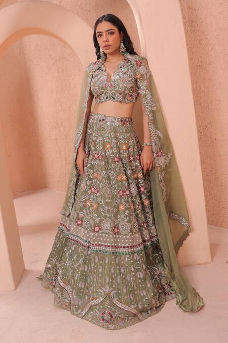 Buy_Label Astha Chhabra_Green Organza Embroidery, Cut Work Plunge Floral Hand Embellished Lehenga Set _Online_at_Aza_Fashions