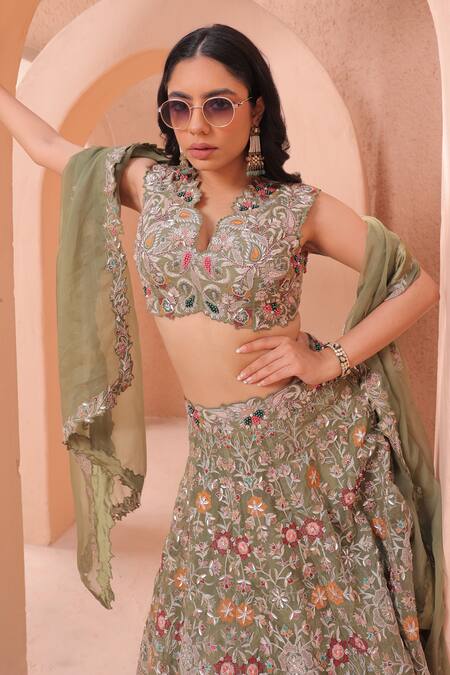 Shop_Label Astha Chhabra_Green Organza Embroidery, Cut Work Plunge Floral Hand Embellished Lehenga Set _Online_at_Aza_Fashions
