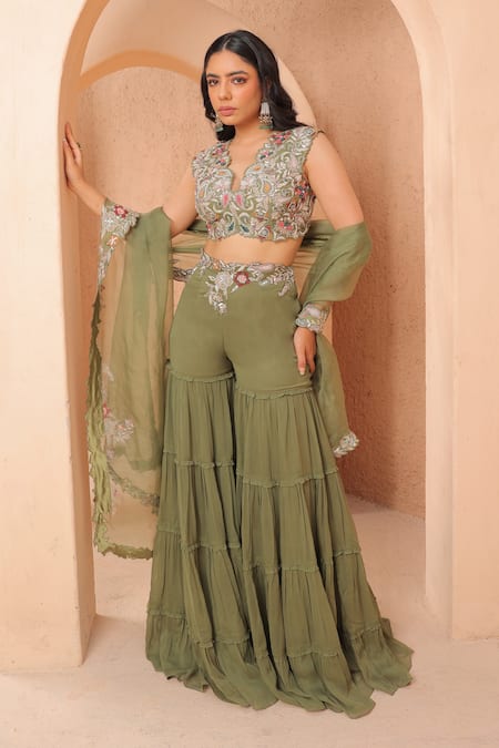 Label Astha Chhabra Green Organza Hand Embellished Cutwork Plunge V Paisley Blouse Sharara Set 