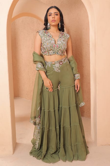 Shop Label Astha Chhabra Green Organza, Georgette Embroidery, Paisley Hand Embellished Blouse Sharara Set at Aza Fashions Shop_Label Astha Chhabra_Green Organza, Georgette Embroidery, Paisley Hand Embellished Blouse Sharara Set _at_Aza_Fashions