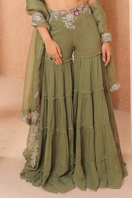 Label Astha Chhabra_Green Organza, Georgette Embroidery, Paisley Hand Embellished Blouse Sharara Set _Online_at_Aza_Fashions