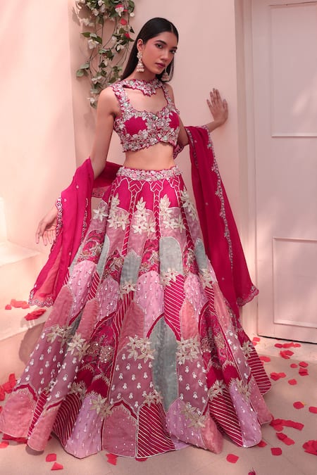 Buy_Label Astha Chhabra_Pink Organza Mirrors, Applique, Embroidery Keyhole Hand Embellished Lehenga Set _Online_at_Aza_Fashions