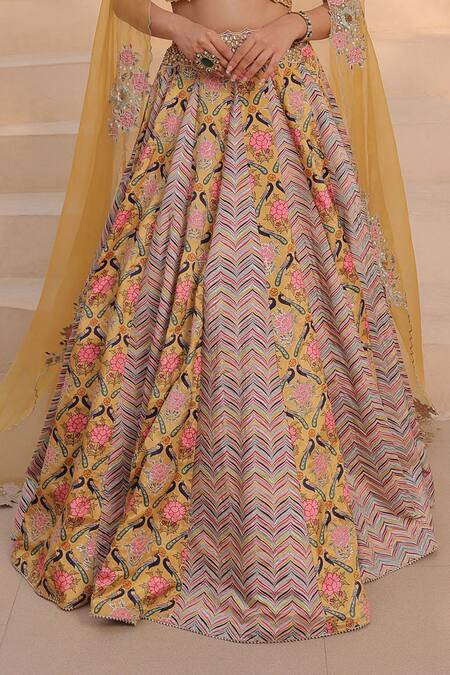 Label Astha Chhabra Yellow Organza, Crepe Sequins, Beads Sweetheart Neck Botanical Print Lehenga Set Online at Aza Fashions Label Astha Chhabra_Yellow Organza, Crepe Sequins, Beads Sweetheart Neck Botanical Print Lehenga Set _Online_at_Aza_Fashions