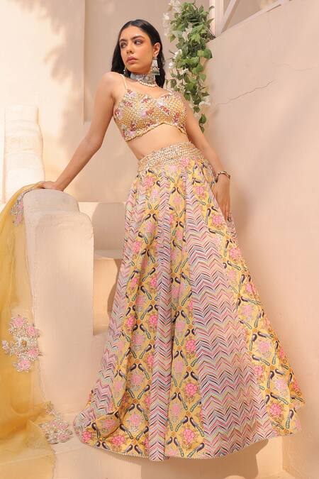 Buy_Label Astha Chhabra_Yellow Organza, Crepe Sequins, Beads Sweetheart Neck Botanical Print Lehenga Set _Online_at_Aza_Fashions