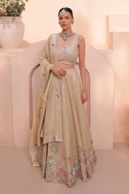 Label Astha Chhabra_Gold Brocade Sequins, Applique Floral Hand Embellished Lehenga Blouse Set _Online_at_Aza_Fashions