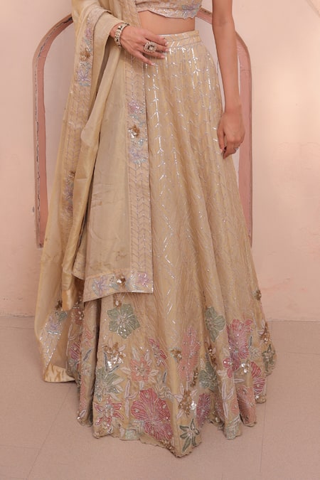 Buy Label Astha Chhabra Gold Brocade Sequins, Applique Floral Hand Embellished Lehenga Blouse Set Online at Aza Fashions Buy_Label Astha Chhabra_Gold Brocade Sequins, Applique Floral Hand Embellished Lehenga Blouse Set _Online_at_Aza_Fashions