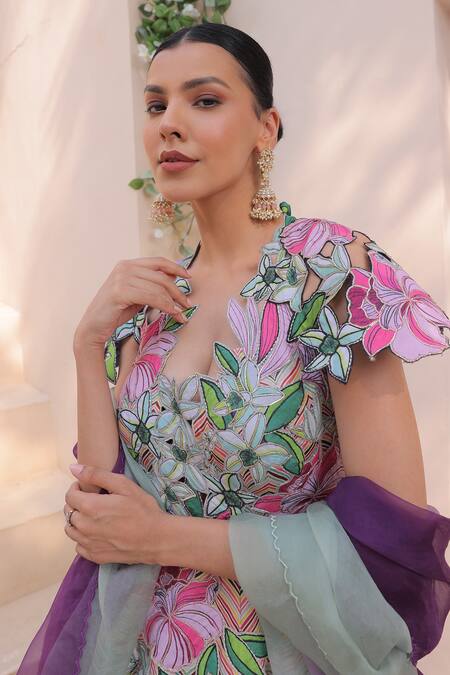 Label Astha Chhabra_Yellow Crepe, Chiffon Embroidery, Cut Work Chevron Print Anarkali With Dupatta _Online_at_Aza_Fashions