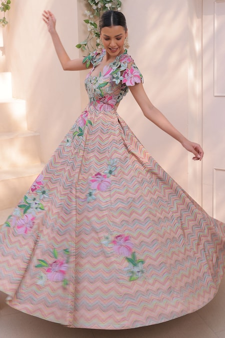 Buy_Label Astha Chhabra_Yellow Crepe, Chiffon Embroidery, Cut Work Chevron Print Anarkali With Dupatta _Online_at_Aza_Fashions