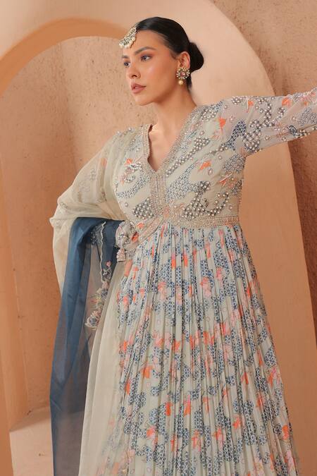 Label Astha Chhabra_Green Organza, Crepe Pearls, Cut Work Hand Embellished Anarkali With Dupatta _Online_at_Aza_Fashions