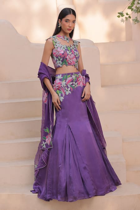 Label Astha Chhabra_Purple Organza, Satin Embroidery Floral Applique Work Detailed Lehenga Set _Online_at_Aza_Fashions