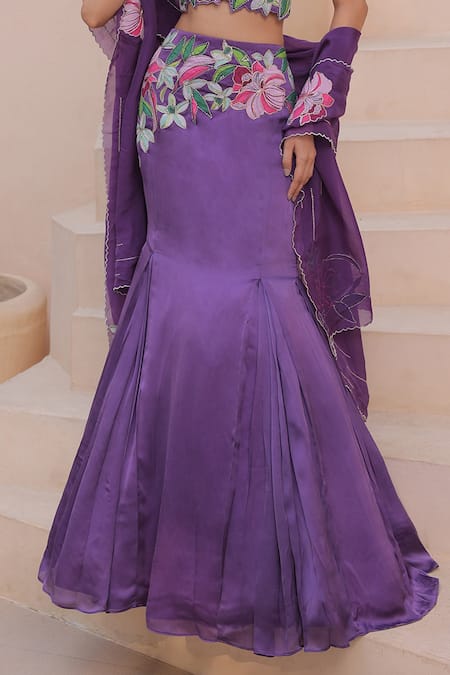 Buy_Label Astha Chhabra_Purple Organza, Satin Embroidery Floral Applique Work Detailed Lehenga Set _Online_at_Aza_Fashions