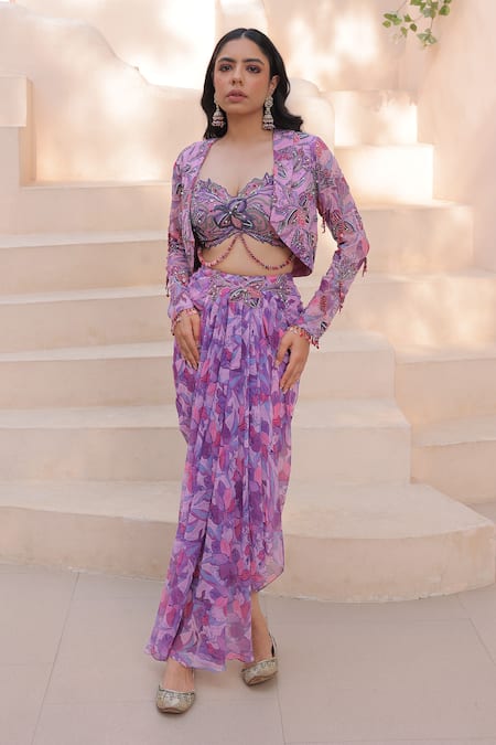 Label Astha Chhabra Purple Chiffon Georgette Hand Embellished Print Pre-draped Skirt Set With Jacket 