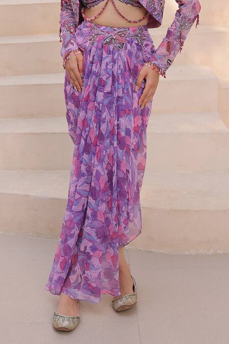 Label Astha Chhabra Purple Chiffon, Georgette Beads, Floral Print Pre-draped Skirt Set With Jacket Online at Aza Fashions Label Astha Chhabra_Purple Chiffon, Georgette Beads, Floral Print Pre-draped Skirt Set With Jacket _Online_at_Aza_Fashions