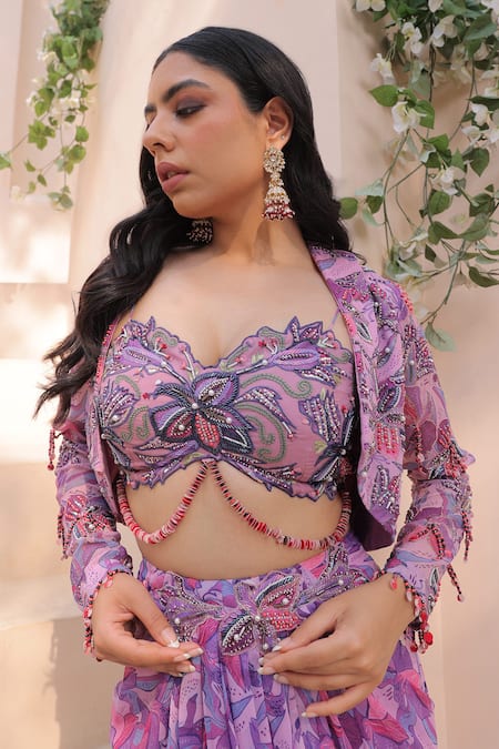 Shop_Label Astha Chhabra_Purple Chiffon, Georgette Beads, Floral Print Pre-draped Skirt Set With Jacket _Online_at_Aza_Fashions