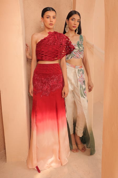 Label Astha Chhabra_Ivory Satin, Organza Embroidery, Floral Hand Embellished Pant With Blouse _Online_at_Aza_Fashions