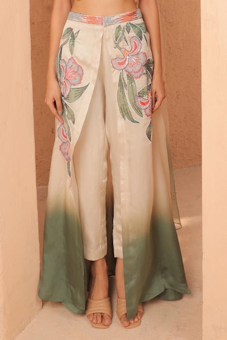 Shop Label Astha Chhabra Ivory Satin, Organza Embroidery, Floral Hand Embellished Pant With Blouse Online at Aza Fashions Shop_Label Astha Chhabra_Ivory Satin, Organza Embroidery, Floral Hand Embellished Pant With Blouse _Online_at_Aza_Fashions