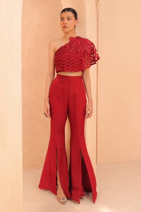Buy_Label Astha Chhabra_Red Organza Embroidery, Beads Floral Hand Embellished Top With Bellbottom Pant _Online_at_Aza_Fashions