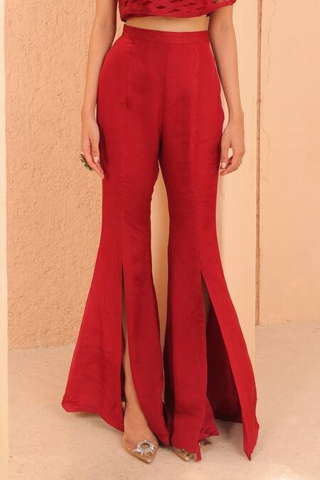 Label Astha Chhabra Red Organza Embroidery, Beads Floral Hand Embellished Top With Bellbottom Pant at Aza Fashions Label Astha Chhabra_Red Organza Embroidery, Beads Floral Hand Embellished Top With Bellbottom Pant _at_Aza_Fashions