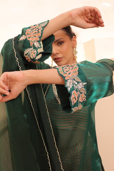 Buy_Label Astha Chhabra_Green Organza Embroidery, Beads, Pearls, Floral Detailed Kurta Pant Set _Online_at_Aza_Fashions