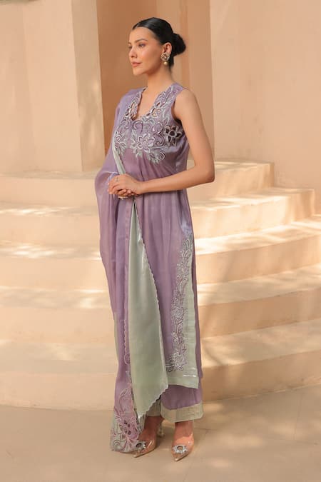 Label Astha Chhabra_Purple Organza Embroidery, Beads, Cut Work Round Floral Embellished Kurta Set _Online_at_Aza_Fashions