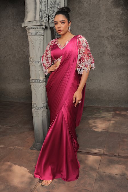 Label Astha Chhabra Solid Pre-Draped Saree Set With Cape 